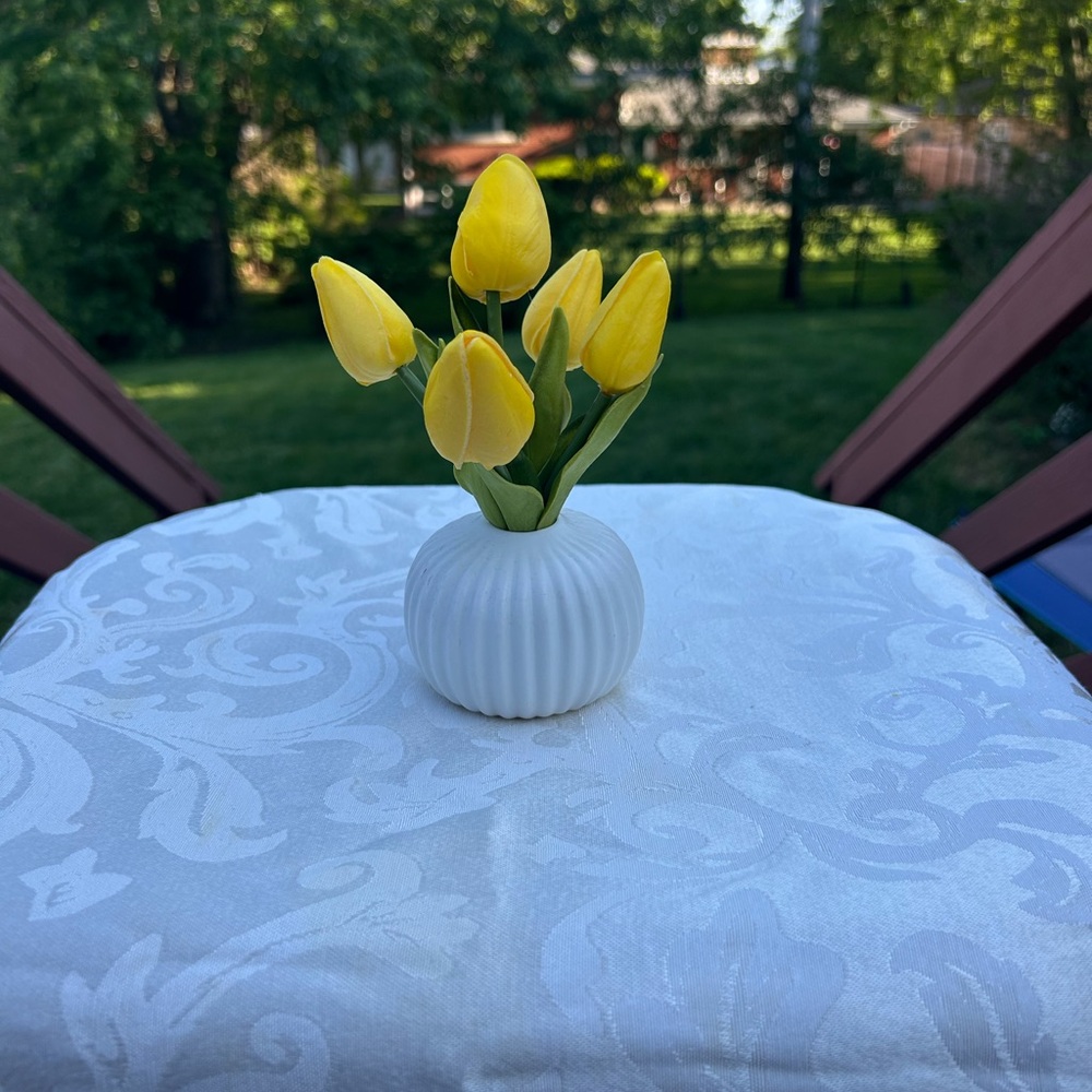 Yellow Tulip Bouquet in White Ribbed Vase